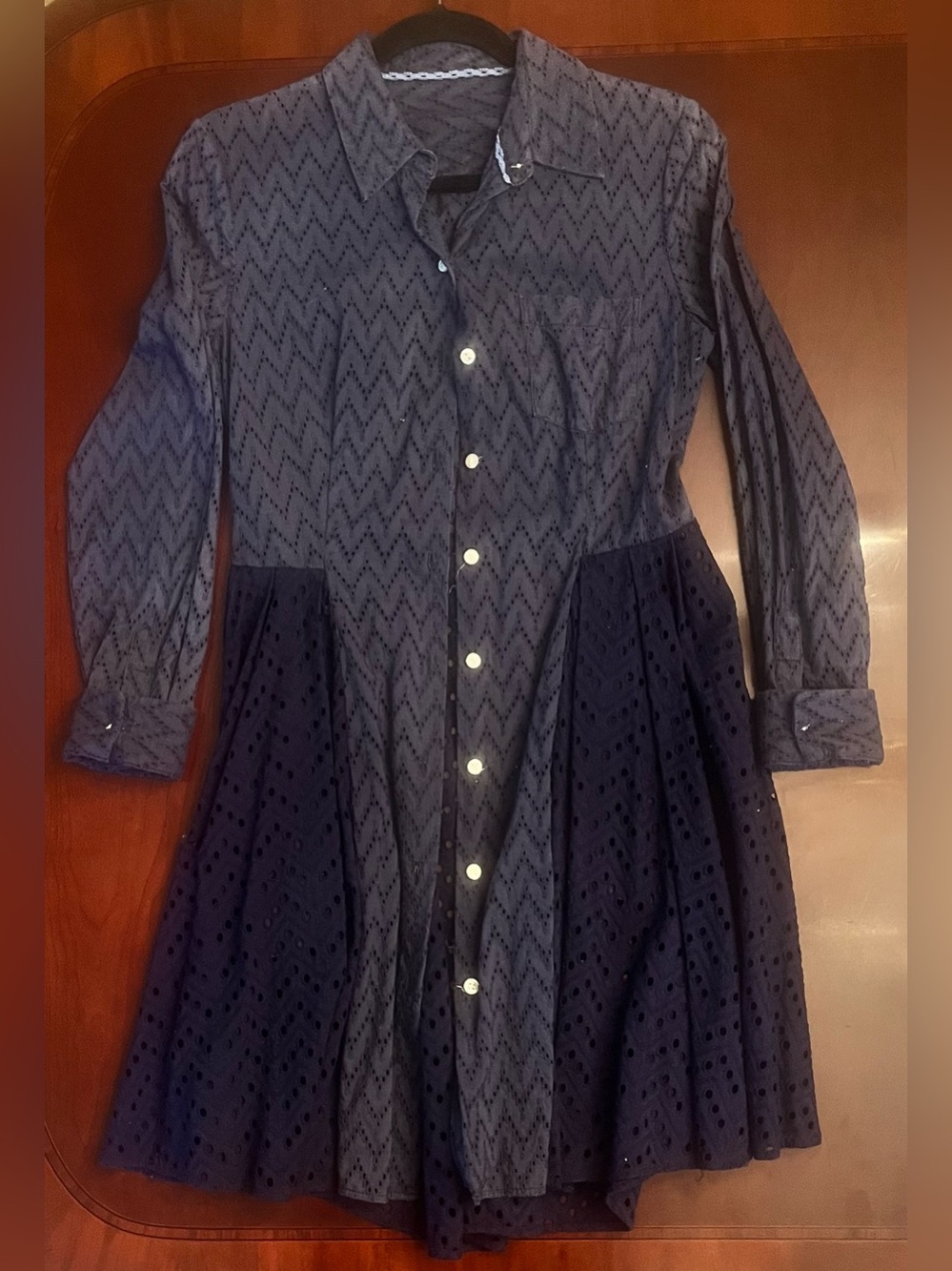 Button-Front Colorblock Eyelet Shirt Dress